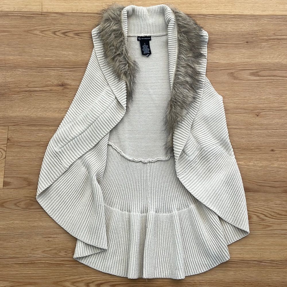 new directions Cream Ribbed Knit Vest with Faux Fur Trim